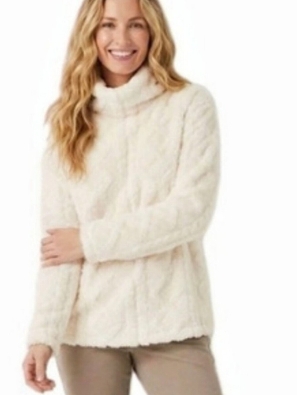 Eddie Bauer Ultrasoft Teddy Cable Fleece Pullover Ivory Medium